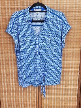 Tommy Bahama Blue & White Geometric Tie-Front Linen Shirt Size Large
